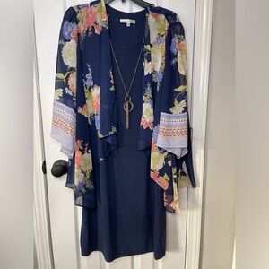 Women’s L 3/4 Sleeve Floral Printed Chiffon Jacket & Shift Dress W/Att. Necklace
